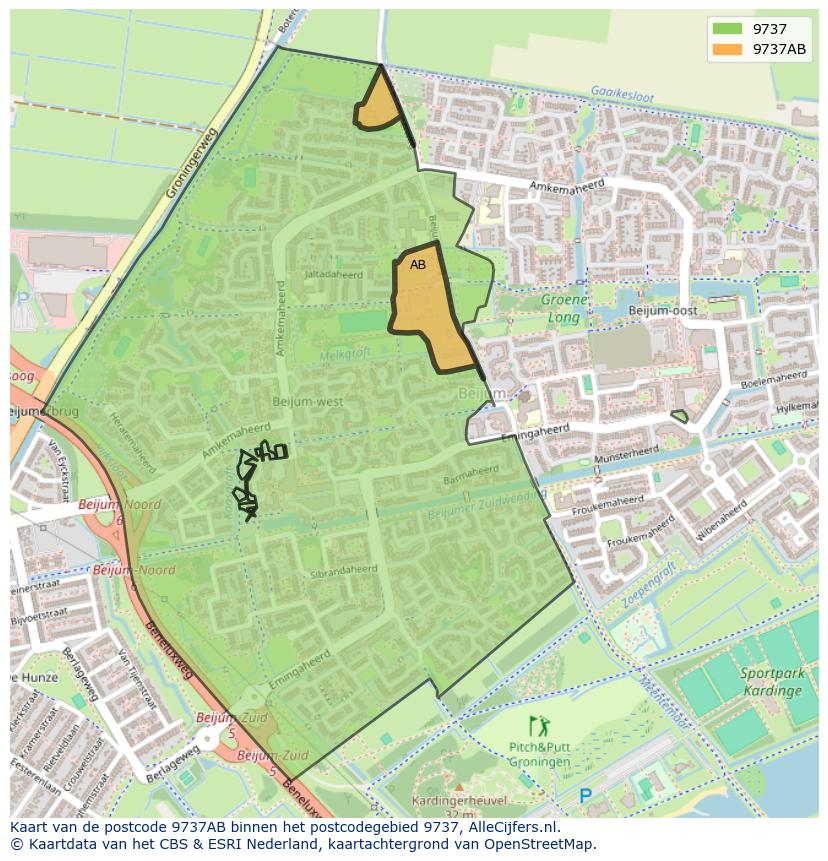 Afbeelding van het postcodegebied 9737 AB op de kaart.