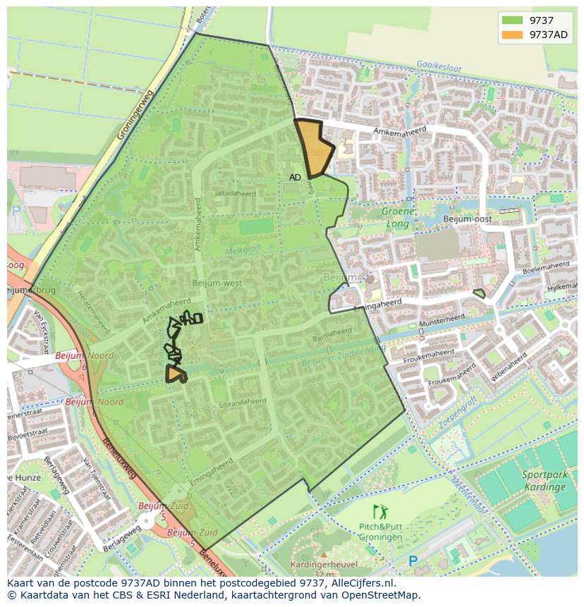 Afbeelding van het postcodegebied 9737 AD op de kaart.