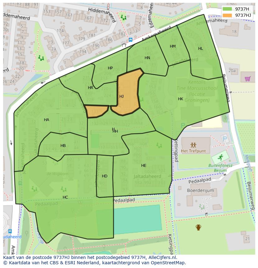 Afbeelding van het postcodegebied 9737 HJ op de kaart.
