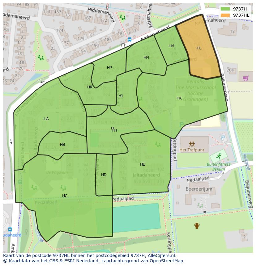Afbeelding van het postcodegebied 9737 HL op de kaart.