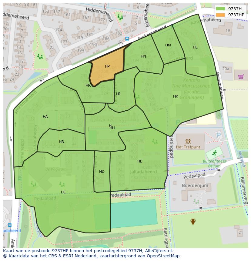 Afbeelding van het postcodegebied 9737 HP op de kaart.