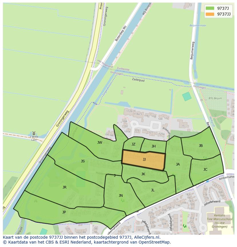 Afbeelding van het postcodegebied 9737 JJ op de kaart.
