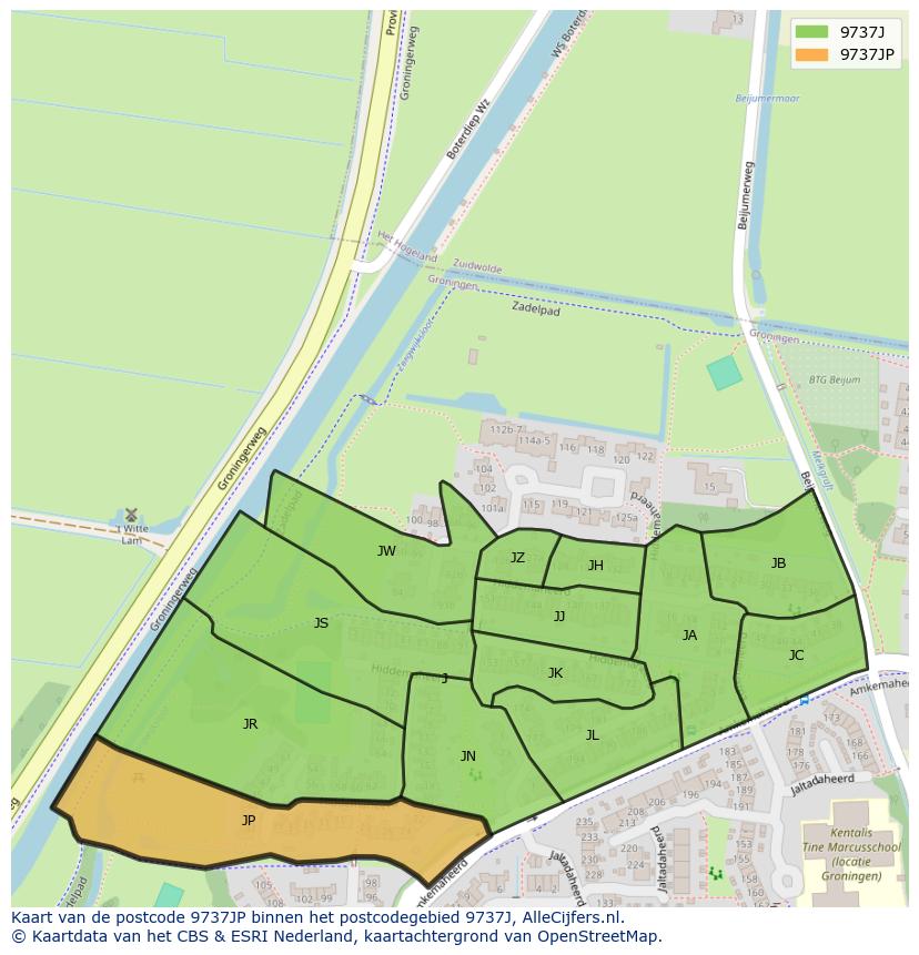 Afbeelding van het postcodegebied 9737 JP op de kaart.