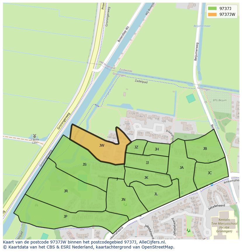 Afbeelding van het postcodegebied 9737 JW op de kaart.