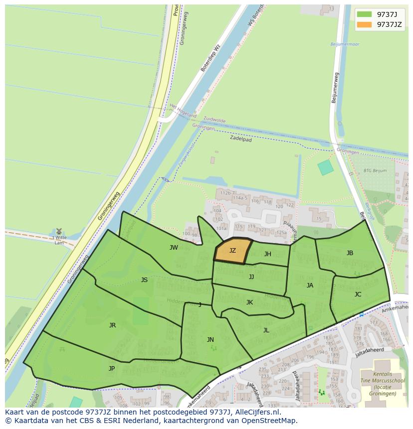 Afbeelding van het postcodegebied 9737 JZ op de kaart.