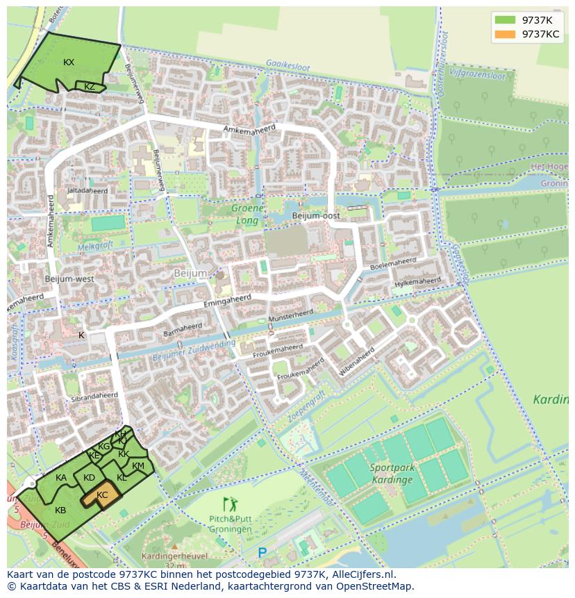 Afbeelding van het postcodegebied 9737 KC op de kaart.