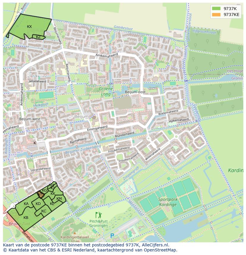 Afbeelding van het postcodegebied 9737 KE op de kaart.