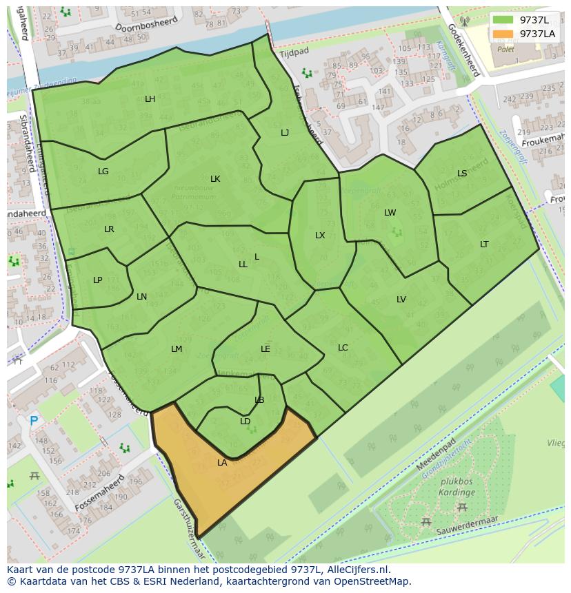 Afbeelding van het postcodegebied 9737 LA op de kaart.
