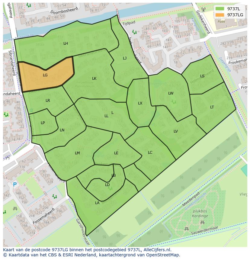 Afbeelding van het postcodegebied 9737 LG op de kaart.