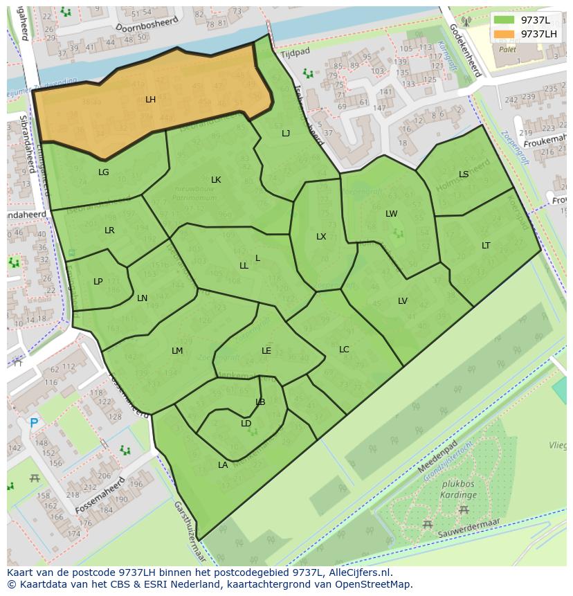 Afbeelding van het postcodegebied 9737 LH op de kaart.
