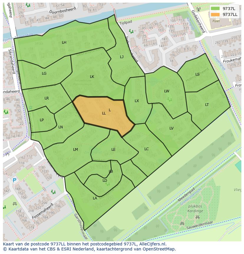 Afbeelding van het postcodegebied 9737 LL op de kaart.
