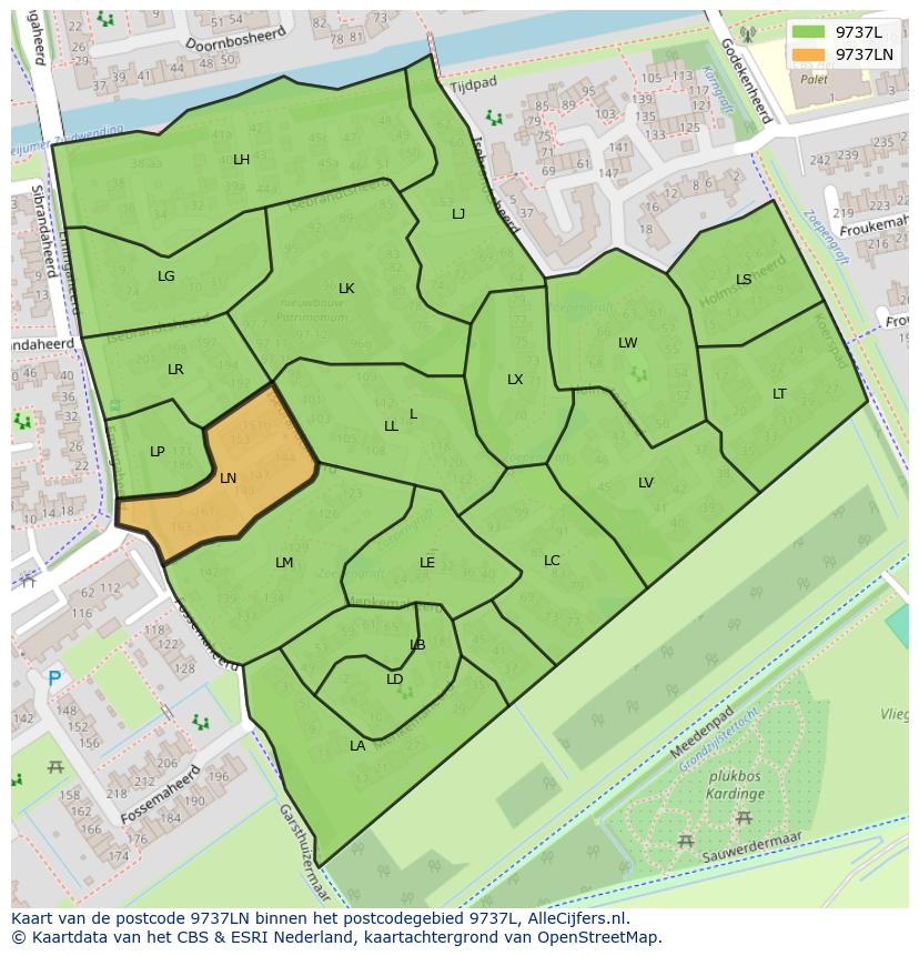 Afbeelding van het postcodegebied 9737 LN op de kaart.