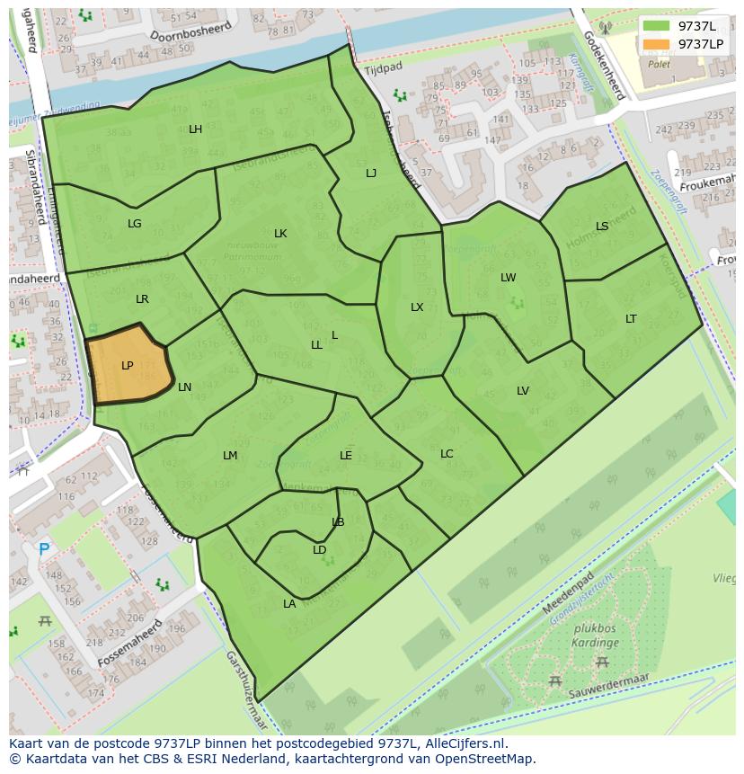 Afbeelding van het postcodegebied 9737 LP op de kaart.