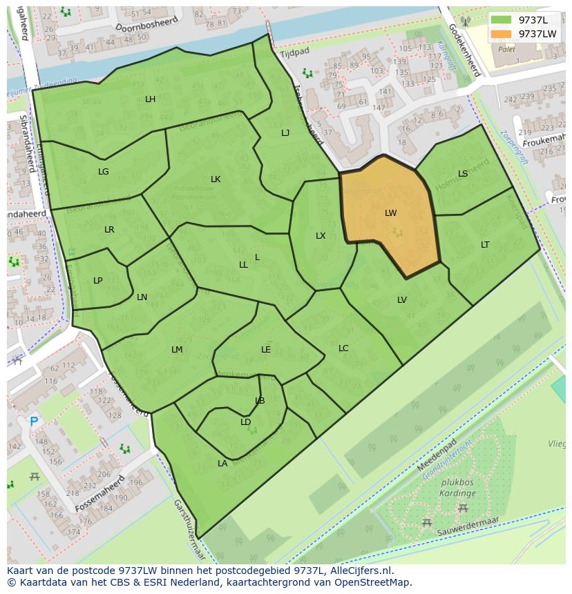 Afbeelding van het postcodegebied 9737 LW op de kaart.