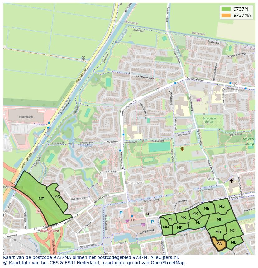 Afbeelding van het postcodegebied 9737 MA op de kaart.