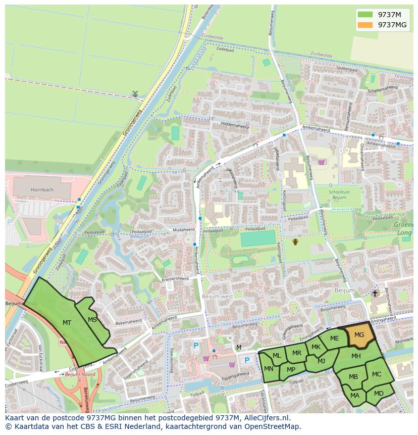 Afbeelding van het postcodegebied 9737 MG op de kaart.