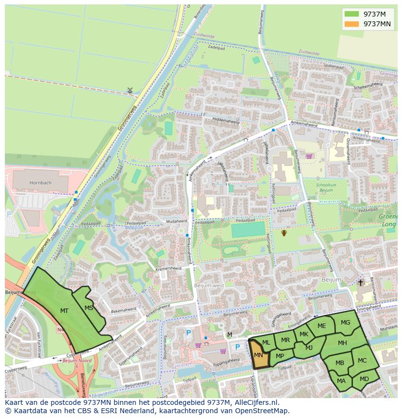 Afbeelding van het postcodegebied 9737 MN op de kaart.