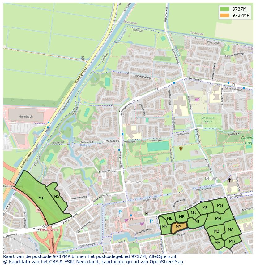 Afbeelding van het postcodegebied 9737 MP op de kaart.