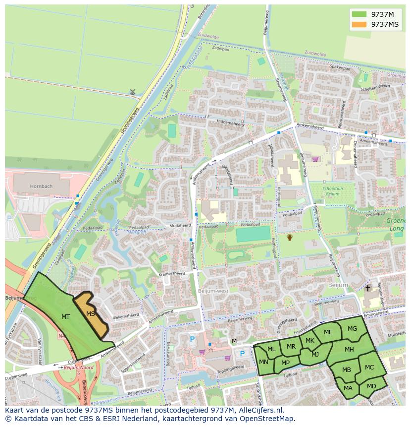Afbeelding van het postcodegebied 9737 MS op de kaart.