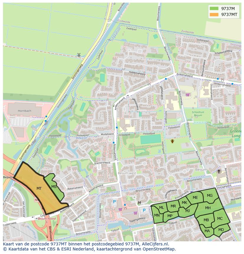 Afbeelding van het postcodegebied 9737 MT op de kaart.