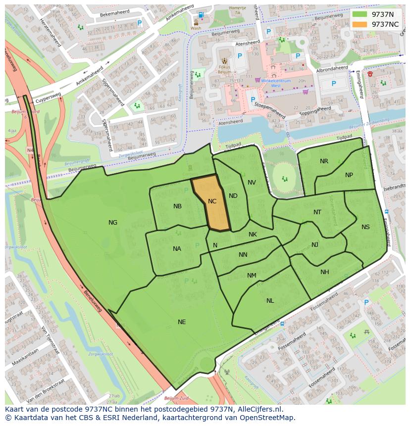 Afbeelding van het postcodegebied 9737 NC op de kaart.