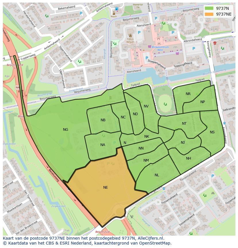 Afbeelding van het postcodegebied 9737 NE op de kaart.