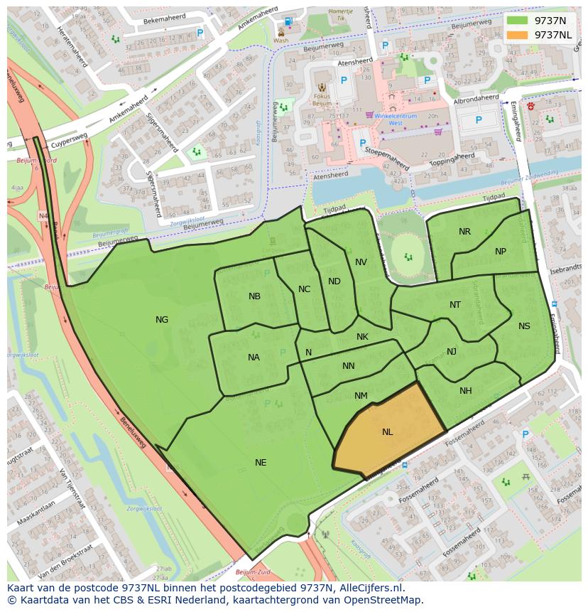 Afbeelding van het postcodegebied 9737 NL op de kaart.