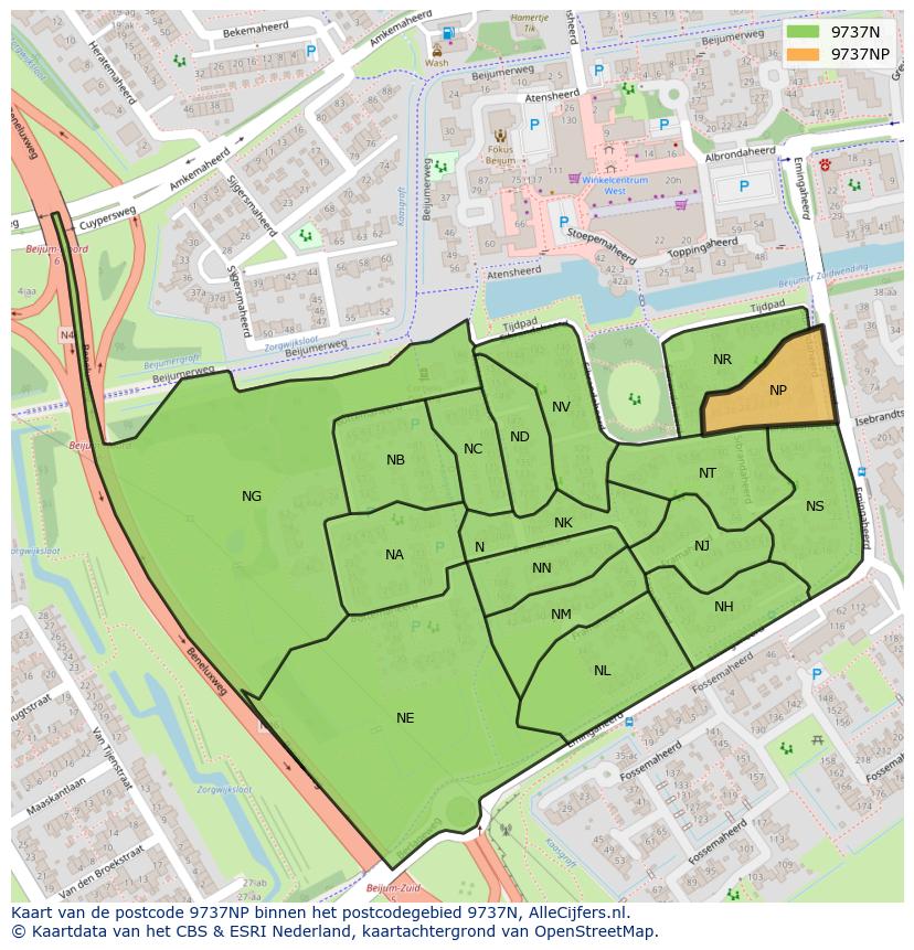 Afbeelding van het postcodegebied 9737 NP op de kaart.