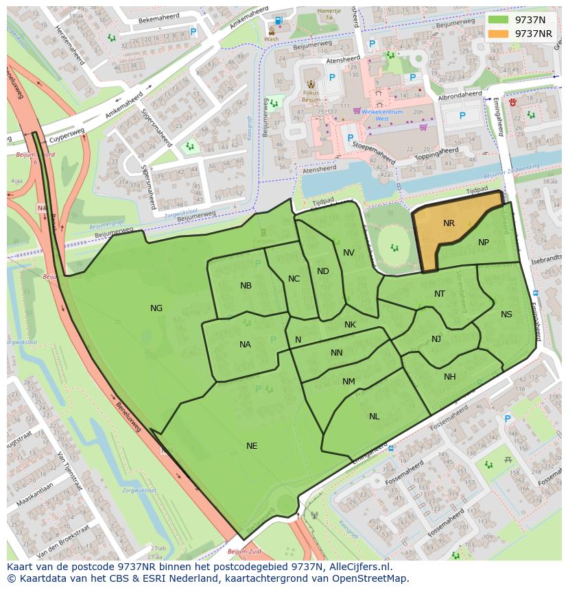 Afbeelding van het postcodegebied 9737 NR op de kaart.