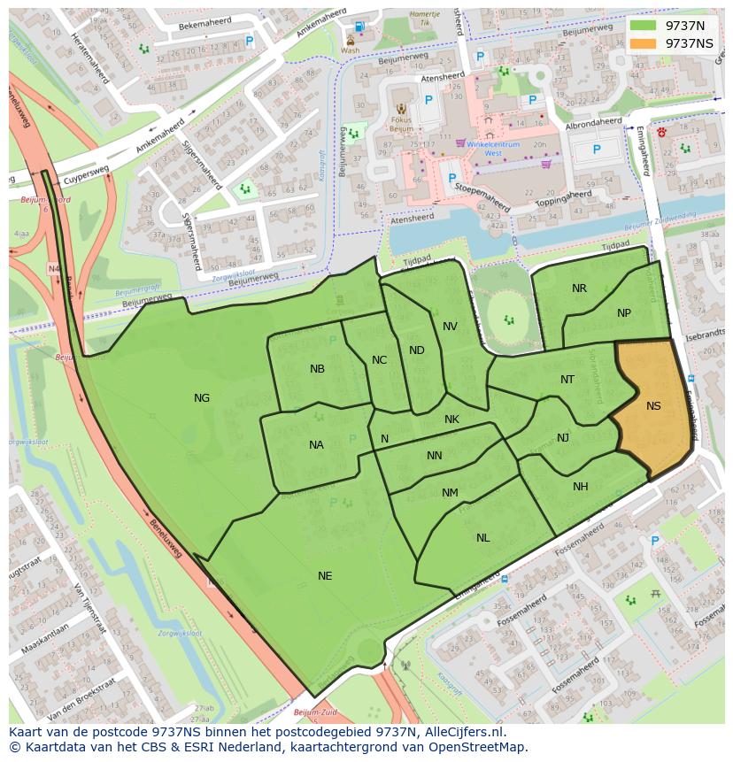 Afbeelding van het postcodegebied 9737 NS op de kaart.
