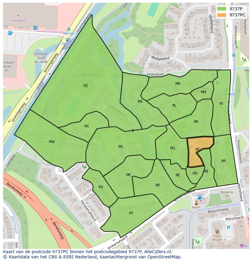 Afbeelding van het postcodegebied 9737 PC op de kaart.