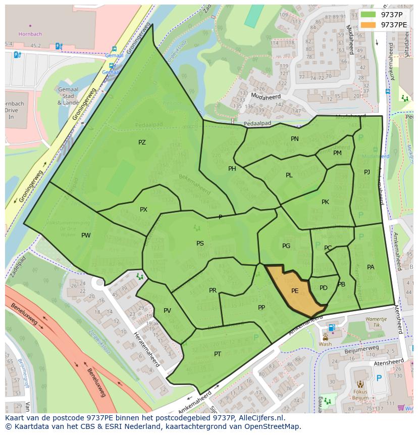 Afbeelding van het postcodegebied 9737 PE op de kaart.