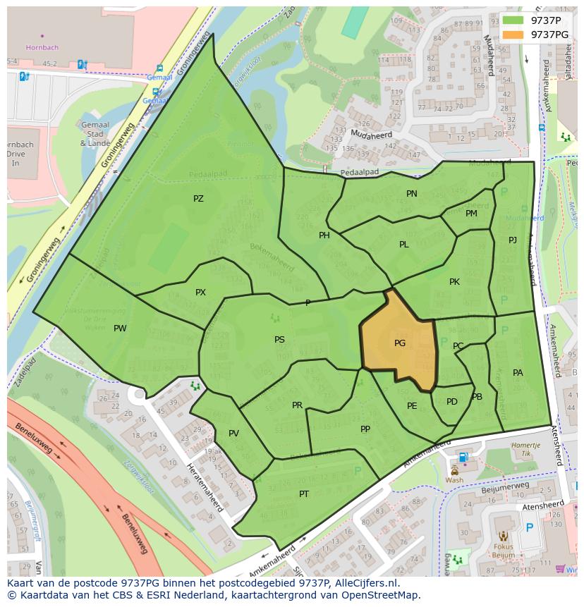 Afbeelding van het postcodegebied 9737 PG op de kaart.
