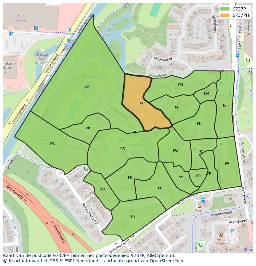 Afbeelding van het postcodegebied 9737 PH op de kaart.