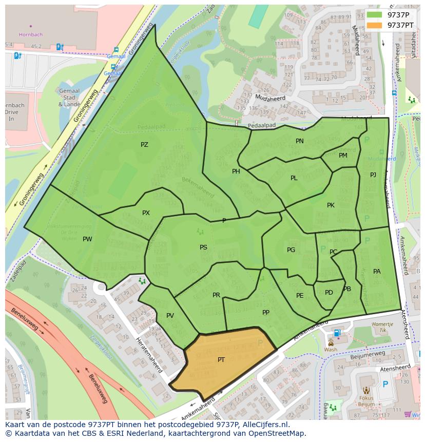 Afbeelding van het postcodegebied 9737 PT op de kaart.