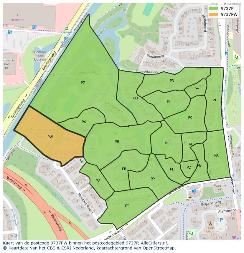Afbeelding van het postcodegebied 9737 PW op de kaart.