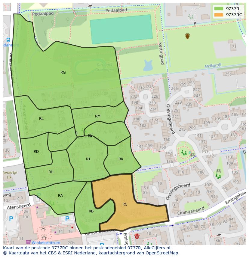 Afbeelding van het postcodegebied 9737 RC op de kaart.