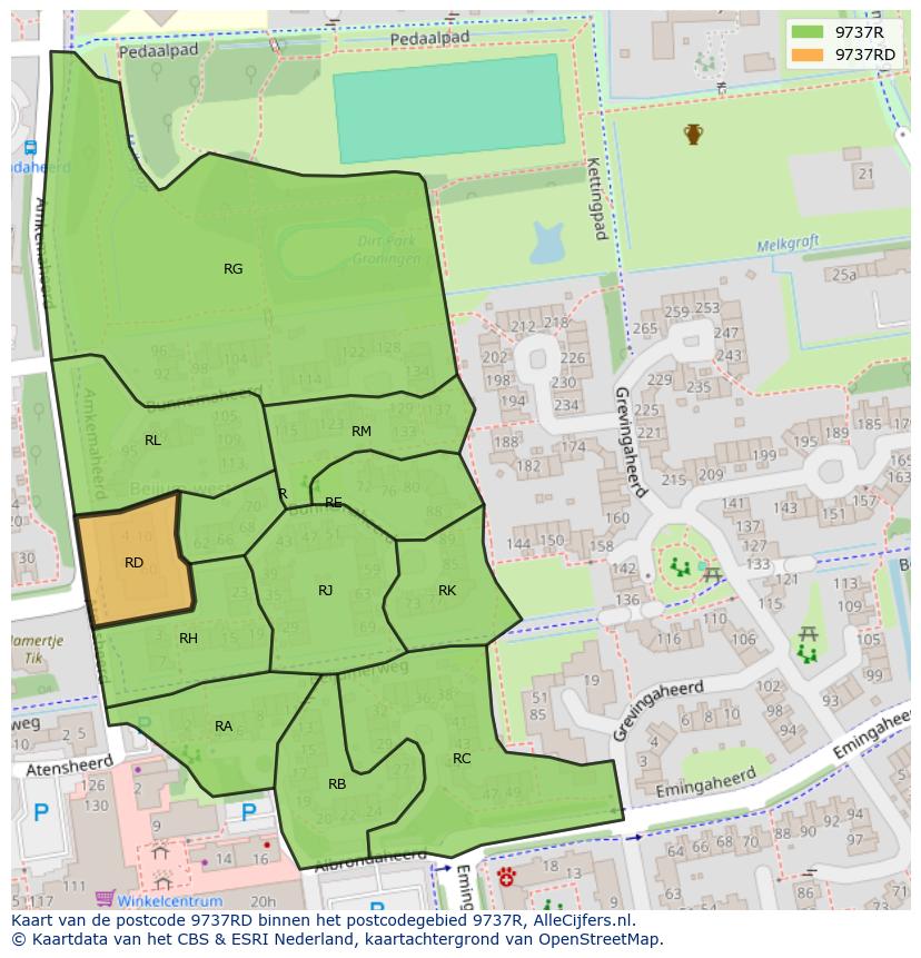 Afbeelding van het postcodegebied 9737 RD op de kaart.