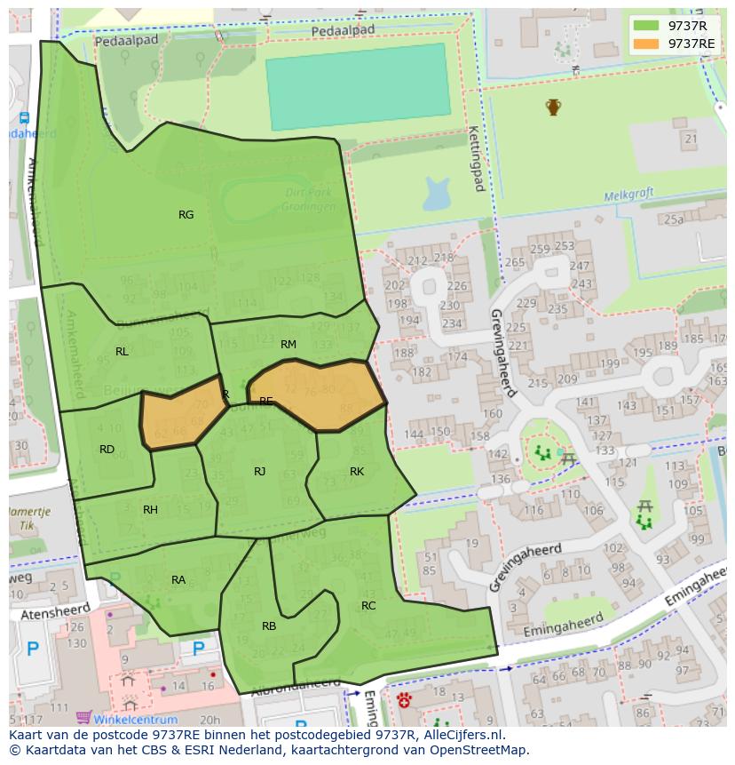 Afbeelding van het postcodegebied 9737 RE op de kaart.