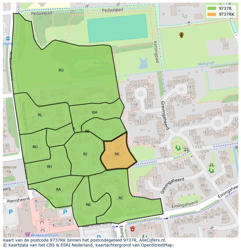 Afbeelding van het postcodegebied 9737 RK op de kaart.