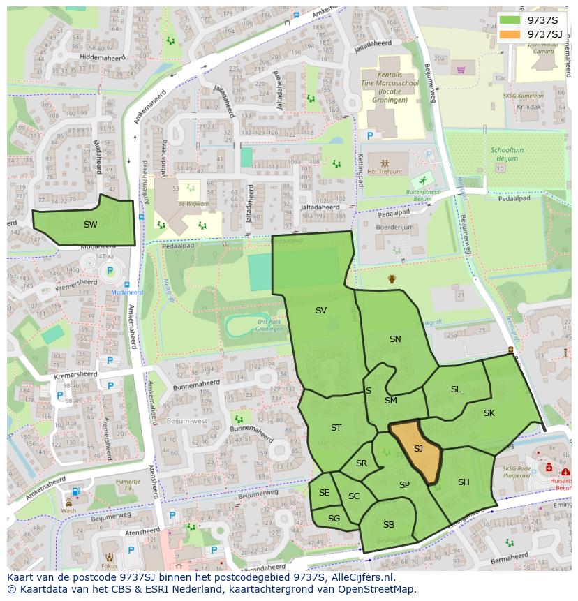 Afbeelding van het postcodegebied 9737 SJ op de kaart.