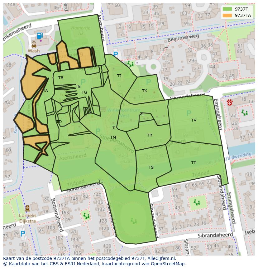 Afbeelding van het postcodegebied 9737 TA op de kaart.