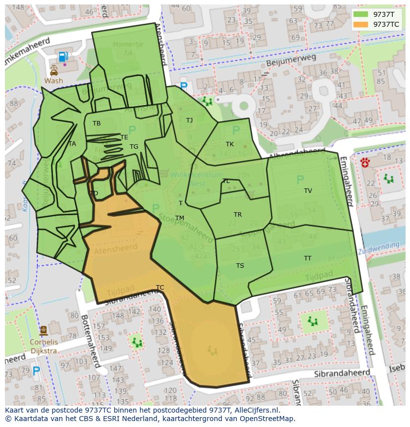 Afbeelding van het postcodegebied 9737 TC op de kaart.