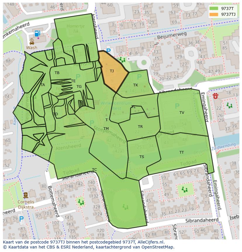 Afbeelding van het postcodegebied 9737 TJ op de kaart.