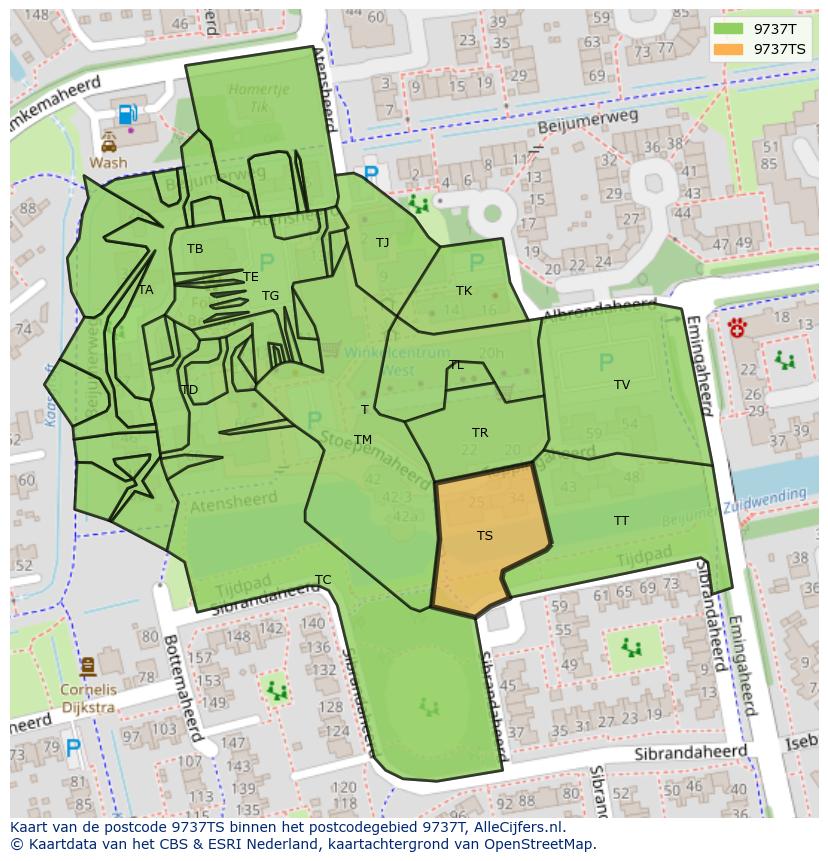 Afbeelding van het postcodegebied 9737 TS op de kaart.
