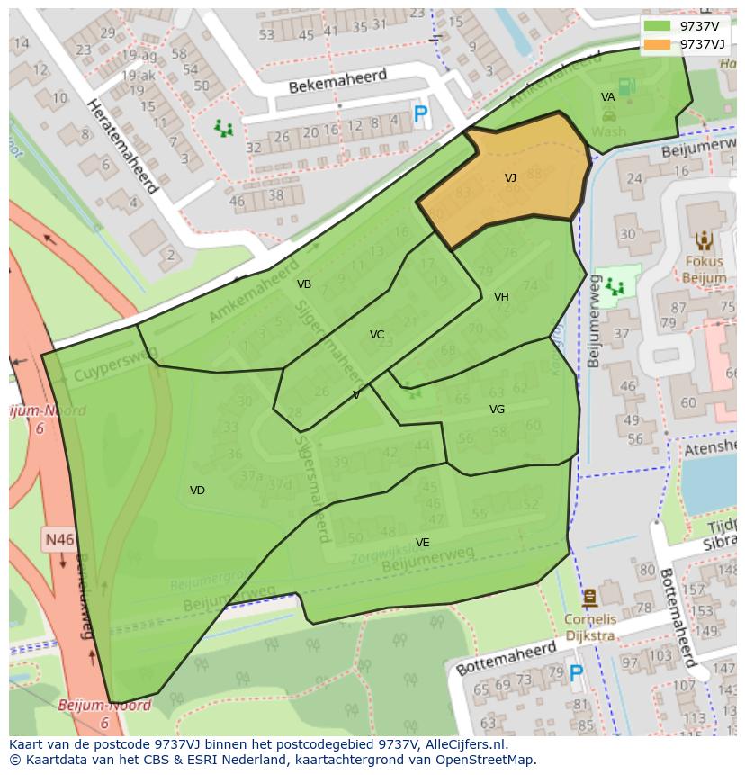 Afbeelding van het postcodegebied 9737 VJ op de kaart.