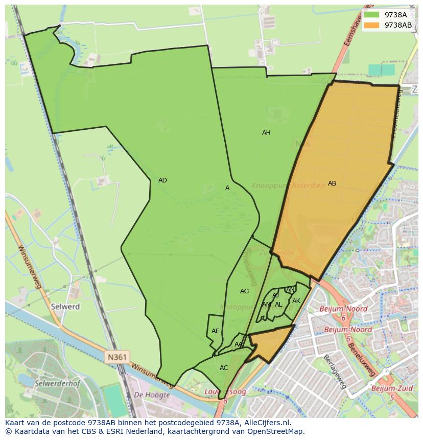 Afbeelding van het postcodegebied 9738 AB op de kaart.