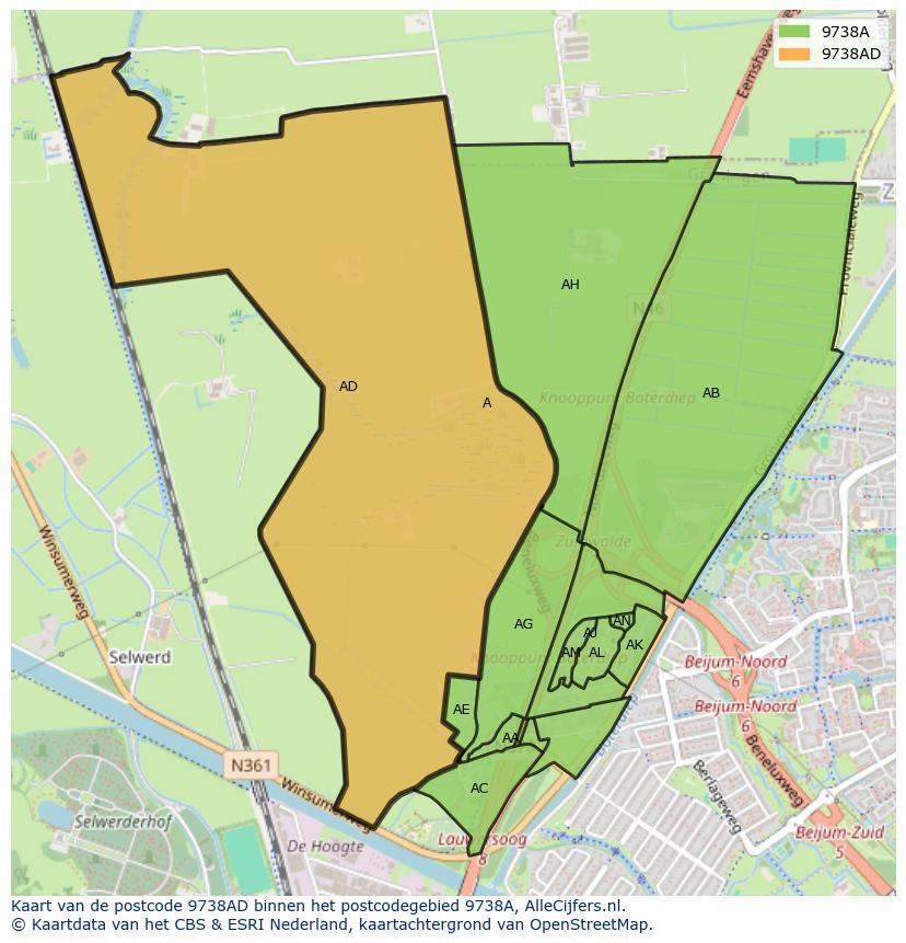 Afbeelding van het postcodegebied 9738 AD op de kaart.