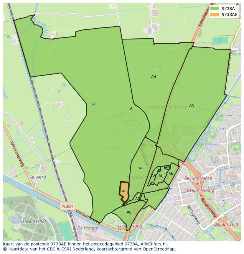 Afbeelding van het postcodegebied 9738 AE op de kaart.
