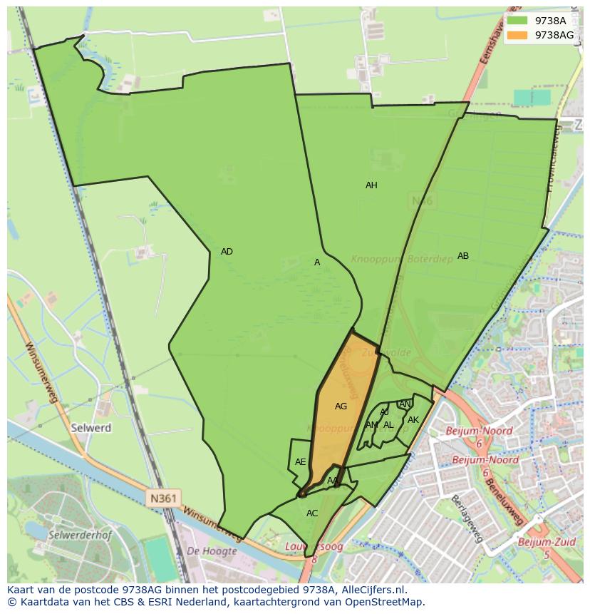 Afbeelding van het postcodegebied 9738 AG op de kaart.